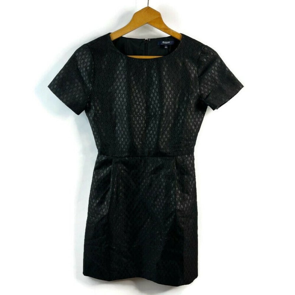 MADEWELL Womens Black Sheath Mini Shirt Dress Shimmer Round Neck Short Sleeve